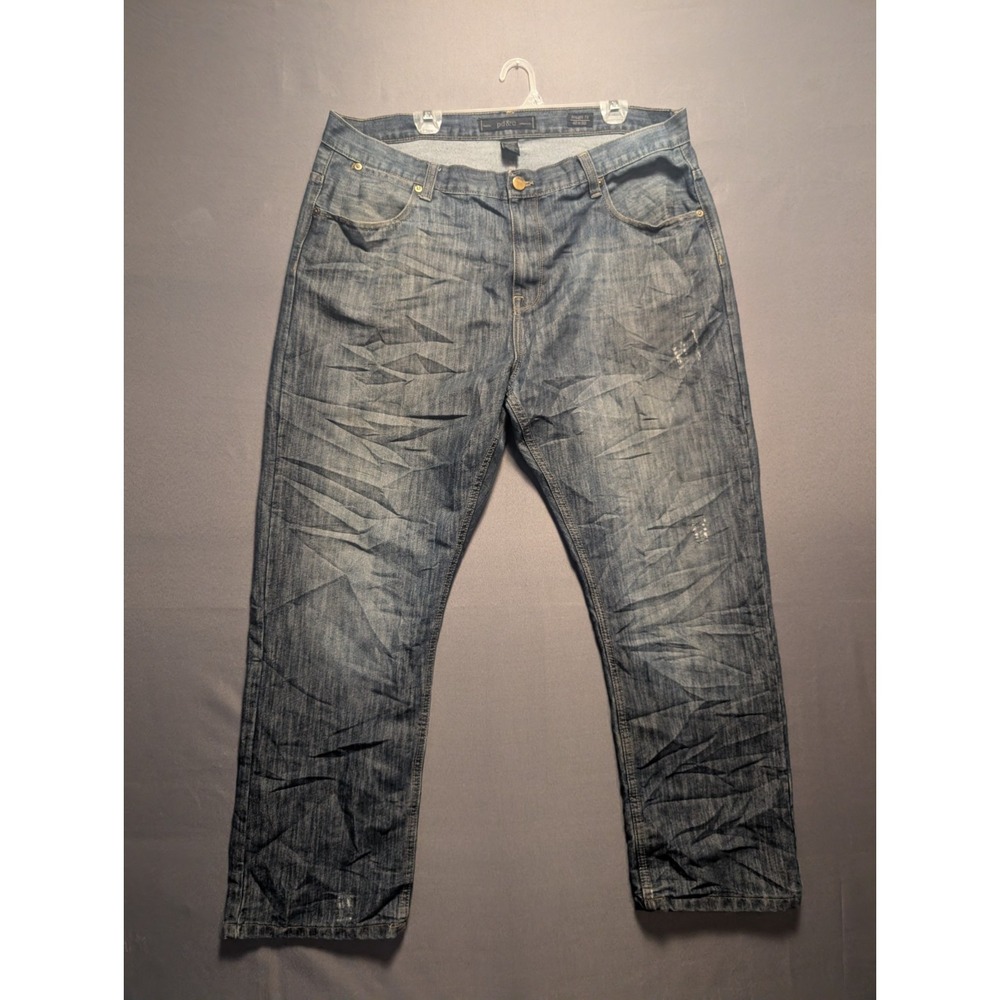 Paper Denim & Cloth Mens Straight Fit Jeans 42x32 Blue Distressed Dark Wash